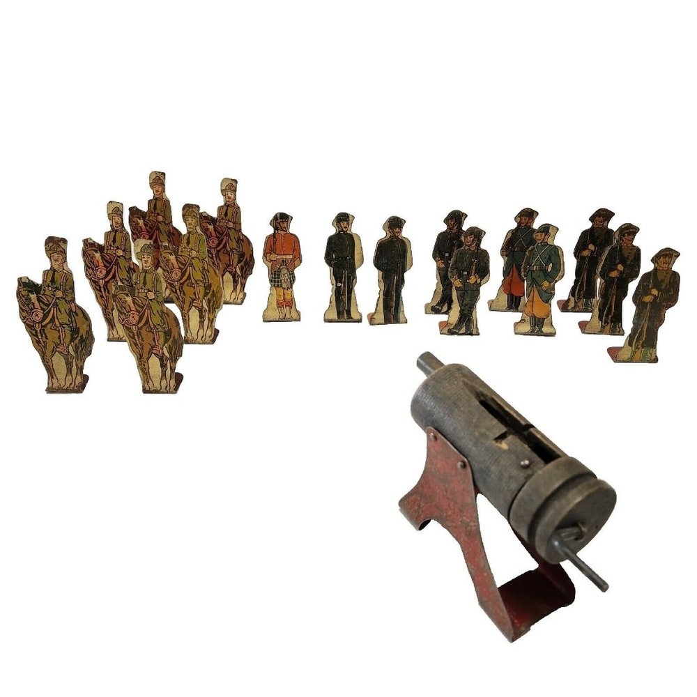 Vintage Marx Tin 16 Soldiers & Wooden Cannon Lithograph Game Pieces